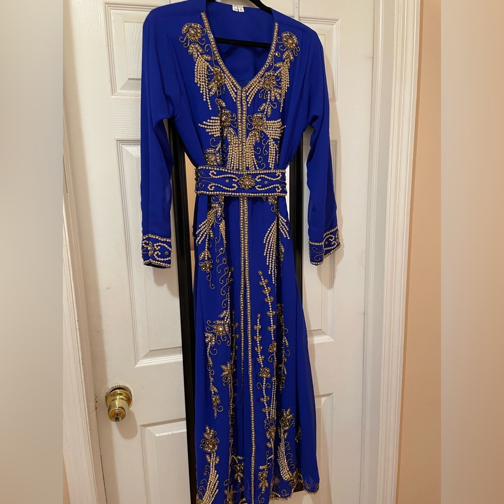 Fancy Gold Embellished Royal Blue Kaftan Dress with Matching Headscarf